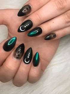 Witchy Nail Designs Almond, Short Almond Witchy Nails, Dark Fairy Nails Acrylic, Simple Witchy Nail Designs, Black Moon Nail Designs, Witchy Winter Nails, Red Witchy Nails, Witchy Almond Nails, Witchy Nails Acrylic