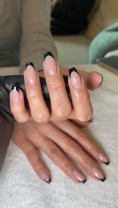 Unique French Tip Designs, Black French Tip Nails Ballerina Long, Black Nails Ballerina Shape, Think Black French Tip, Bailarina Nails Design, Squoval Black French Tip Nails, French Black Nails Square, Black French Tip Nails Ballerina, Dark Tip French Manicure