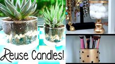 there are many different types of candles in glass jars with plants and beads on them