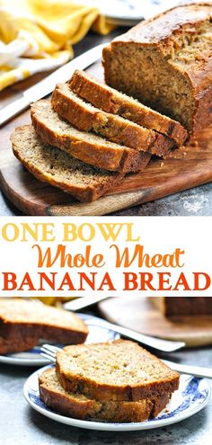 one bowl whole wheat banana bread on a cutting board with bananas in the background and text overlay