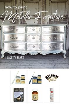 an old dresser is painted white with metallic paint