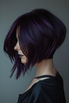 42+ Stunning Midnight Purple Hair Ideas Dark Purple Bob Hair, Edgy Purple Hair, Cool Winter Hair Color Ideas, Dark Purple Short Hair, Dark Purple Outfit Ideas, Midnight Purple Hair, Purple Short Hair, Purple Hair Ideas, Asymmetrical Hair