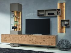 an entertainment center with shelves and a television on the wall in a living room area