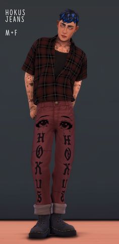 a man with tattoos standing in front of a black background and wearing red pants, plaid shirt