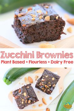 zucchini brownies with almonds on top and in the middle, sitting on a cutting board