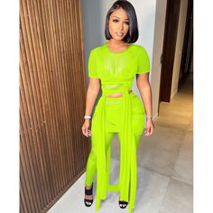 Mesh See Though Lace Up Crop Tops and Pants Suit Green Two-piece Pant Set For Spring, Green Pant Set For Spring, Spring Green Two-piece Pant Set, Green Two-piece Set For Night Out, Crop Top Suit, Summer Tie Dye, 2 Piece Sets, Pants Suit, Short Sleeve Cropped Top