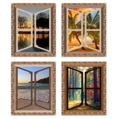 four open windows with different views of the ocean and trees in them, all showing sunsets