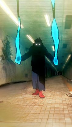 an animated image of a person standing in a hallway with blue lights on the ceiling