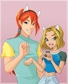 two cartoon characters standing next to each other, one with horns on her head and the other wearing cat ears