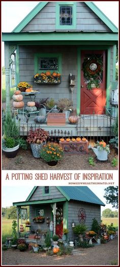 the front and side of a small house with potted plants on the porch, pumpkins in pots outside