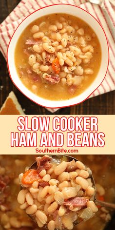 slow cooker ham and beans soup in a bowl