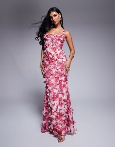 ASOS LUXE 3D floral ruffle maxi dress with tie back in floral print | ASOS Floral Embellished Maxi Dress For Spring Prom, Floor-length Floral Print Prom Dress, Fitted Floral Embellished Maxi Dress For Summer, Pink Floral Print Dress For Prom, Pink Floral Print Dress For Prom Season, Fitted Floral Embellished Maxi Dress For Prom, Fitted Floral Maxi Dress For Prom, Floral Print Maxi Dress For Prom Season, Pink Floral Embellished Floor-length Maxi Dress