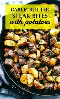 a skillet with potatoes and meat in it