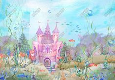 a painting of a pink castle surrounded by seaweed and other marine life with bubbles in the water