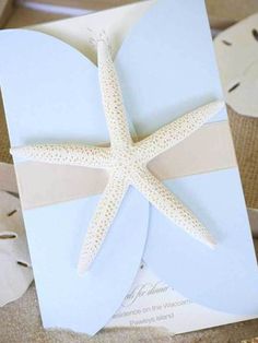 a starfish on top of a white card with a ribbon around it's neck