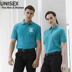 two people standing next to each other wearing polo shirts