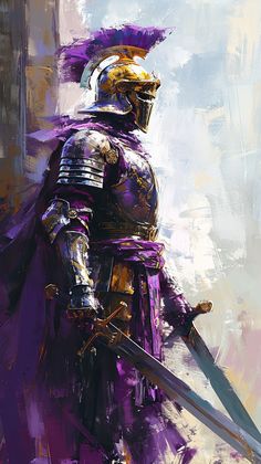 a painting of a knight holding two swords