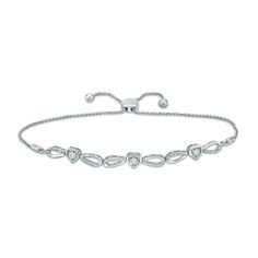 Reflecting your everlasting love, this bolo bracelet takes any look up a notch. Fashioned in sleek sterling silver, this shimmering choice showcases a trio of diamond-accented heart outlines centered within diamond-accented infinity symbol-shaped open loops. Buffed to a brilliant luster, this wheat chain bracelet adjusts up to 10.25 inches in length and secures with a bolo clasp and ball ends. Adjustable Diamond Heart Bracelet For Valentine's Day, Valentine's Day Adjustable Diamond Heart Bracelet, White Gold Heart Bracelet With Adjustable Chain, White Gold Heart Bracelet For Anniversary, Adjustable Sterling Silver Heart Bracelet For Anniversary, Adjustable Diamond Jewelry For Valentine's Day, Adjustable Fine Jewelry Heart Bracelet For Anniversary, Valentine's Day Adjustable Diamond Jewelry, Adjustable Diamond Accent Bracelet For Anniversary