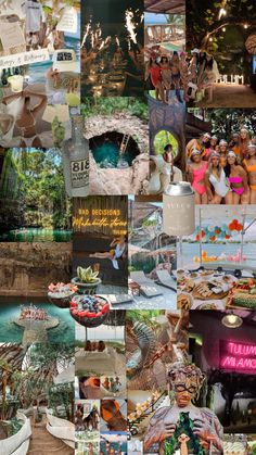 a collage of photos with people in bikinis and other things on display at the same time