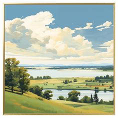 a painting of clouds over a green field and lake with trees in the foreground