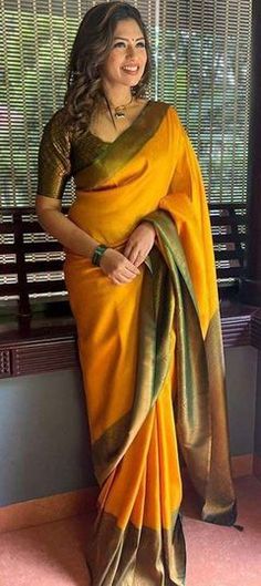 Yellow color Saree in Art Silk, Silk fabric with Weaving, Zari work Dusky Skin, Panda Painting, Simple Frock Design, Kanjivaram Sarees Silk, Kota Silk Saree, Simple Frocks, Orange Saree, Yellow Saree, Ethnic Sarees