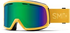 the smith goggles are yellow and have green mirrored lenses on each side of the goggles