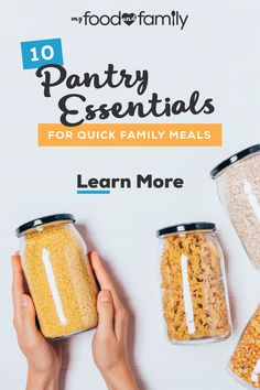 the cover of 10 pantry essentials for quick family meals by lean more, including granola and oatmeal