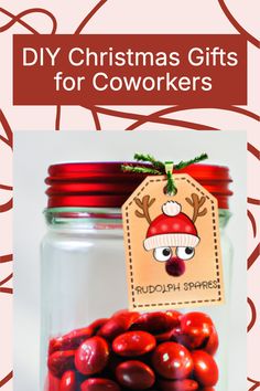 christmas gifts for coworkers in a glass jar with santa hat and reindeer nose