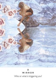 a woman with long hair is reflected in the water and flowers are floating around her