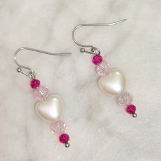 Faux Heart Pearls & Crystal Beaded Dangle Earrings Handmade By Me Stainless Steel Earring Hooks 1.5" Drop New