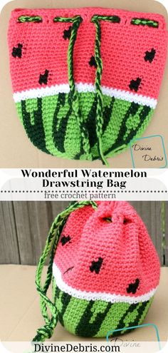 two pictures showing the inside of a crocheted watermelon purse