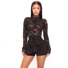 Black Long Sleeve Lace Romper From Fashion Nova Size Small Nwt High Waist Black Top For Fall, Black High Waist Tops For Work, Chic Black Bodysuit For Fall, Chic Black Bodysuit For Date Night, Chic Black Bodysuit For Going Out, Black High Waist Jumpsuits And Rompers For Fall, Black Jumpsuits And Rompers For Fall Night Out, Black High-waist Jumpsuits And Rompers For Fall, Black Jumpsuits For Night Out In Fall