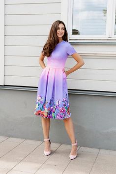 Printed Floral Dress, Fit And Flare Dress, Summer Flower Dress, Romantic Dress, Waistband Dress, Wom Spring Purple Floral Dress, Spring Purple Printed Midi Dress, Purple Printed Midi Dress For Spring, Purple A-line Midi Dress With Floral Print, Purple Printed Spring Dress, Purple Printed Dress For Spring, Spring Purple Printed Dress, Purple Floral Print Short Sleeve Midi Dress, Purple Floral Print A-line Midi Dress