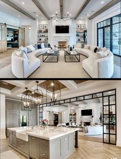 two pictures of the same living room and kitchen in different rooms, one is white with gray accents