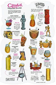 a poster with different types of cocktails and beverages on it's side, including drinks