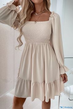 Orcajump - Long-Sleeved V-Neck Dress with Ruffled Hem and High Waist. Midi Dress Chic, Long Sleeve Ruffle Dress, Boho Summer Dresses, High Waist Dress, Body Con Dress, Ruffle Hem Dress, Long Sleeve Bodycon, Long Sleeve Bodycon Dress, Outfit Casual