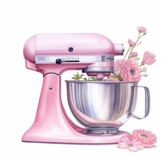 a pink mixer with flowers in it