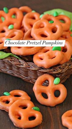 chocolate pretzel pumpkins in a basket on a table