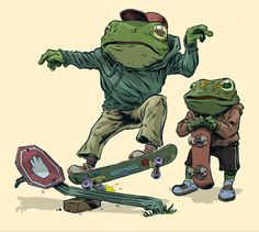 a frog on a skateboard is trying to pull another frog off the ground