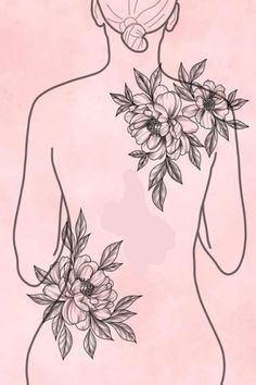 a drawing of a woman with flowers on her back