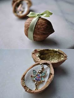 an image of some kind of jewelry in a wooden box with a bow on it