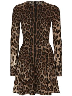 brown/black stretch-design all-over leopard print round neck long sleeves concealed rear zip fastening flared hem thigh-length Halterneck Mini Dress, Brown Mini Dress, Printed Short Dresses, Leopard Print Shorts, Dolce Gabbana Dress, Multicolor Dress, Vestido Casual, White Midi Dress, Mini Dress With Sleeves