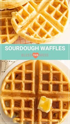 two waffles with butter on top and the words sourdough waffles below