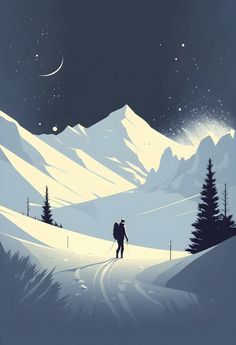 a man walking down a snow covered road under a night sky with stars and moon