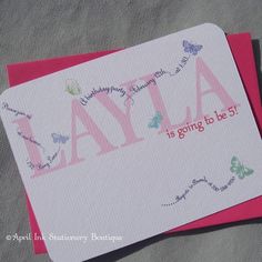 two personalized greeting cards with butterflies and the word,'layla is going to be 51 '