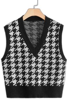 Black Houndstooth Winter Top, Trendy Houndstooth Pattern Tops For Winter, Fitted Houndstooth Tops For Winter, Fitted Houndstooth Pattern Tops For Winter, Pattern Sweater Vest, Sweater Vests, Sweater Vest Women, Women Sweater, Houndstooth Pattern