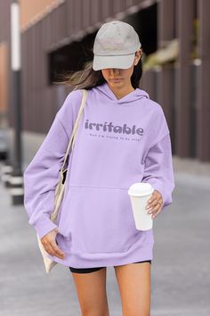 mental awareness letter graphic irritable hoody kangaroo pocket Purple Hooded Hoodie With Pockets, Purple Hoodie With Pockets For Streetwear, Heather Cotton Hoodie With Drawstring Hood, Purple Hooded Hoodie With Letter Print, Purple Hoodie With Letter Print, Casual Purple Hoodie With Ribbed Cuffs, Purple Relaxed Fit Hoodie, Heather Long Sleeve Cotton Hoodie, Lavender Cotton Sweatshirt For Loungewear