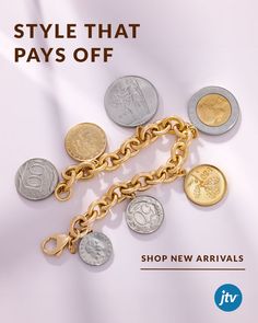 A mixed metal charm bracelet with coins propped against a bright, white background. The Bank, New Arrival, Chic Style, New Arrivals