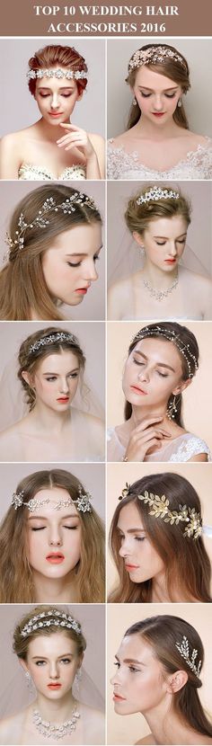 a series of photos showing how to wear headpieces for wedding hair and makeup