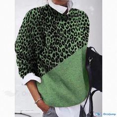 Orcajump - Leopard Print Color Block Loose Fit Knit Sweater Top with Round Neck Green Color, Green Colors, Knit Sweater, Sweater Top, Color Block, Leopard Print, Knitted Sweaters, Round Neck, Loose Fitting